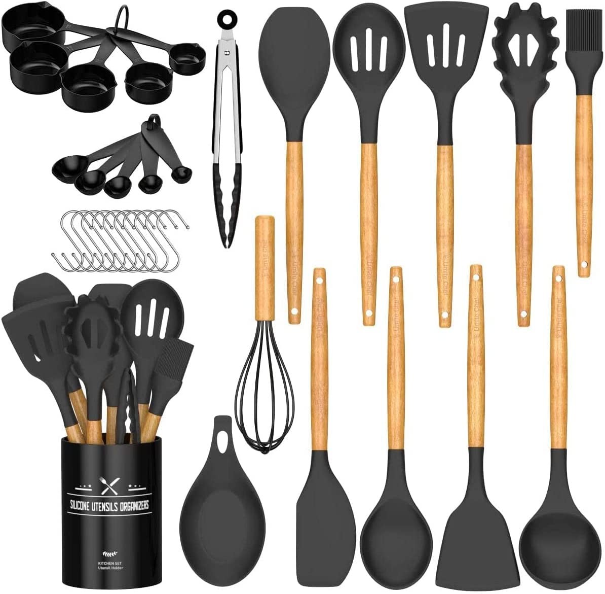 24 Pieces EveJoWare Kitchen Cooking Utensils Set, Non-stick Silicone Cooking Kitchen Utensils Spatula Set with Holder, Wooden Handle Silicone Kitchen Gadgets Utensil Set, BPA Free Non Toxic Cooking Ut